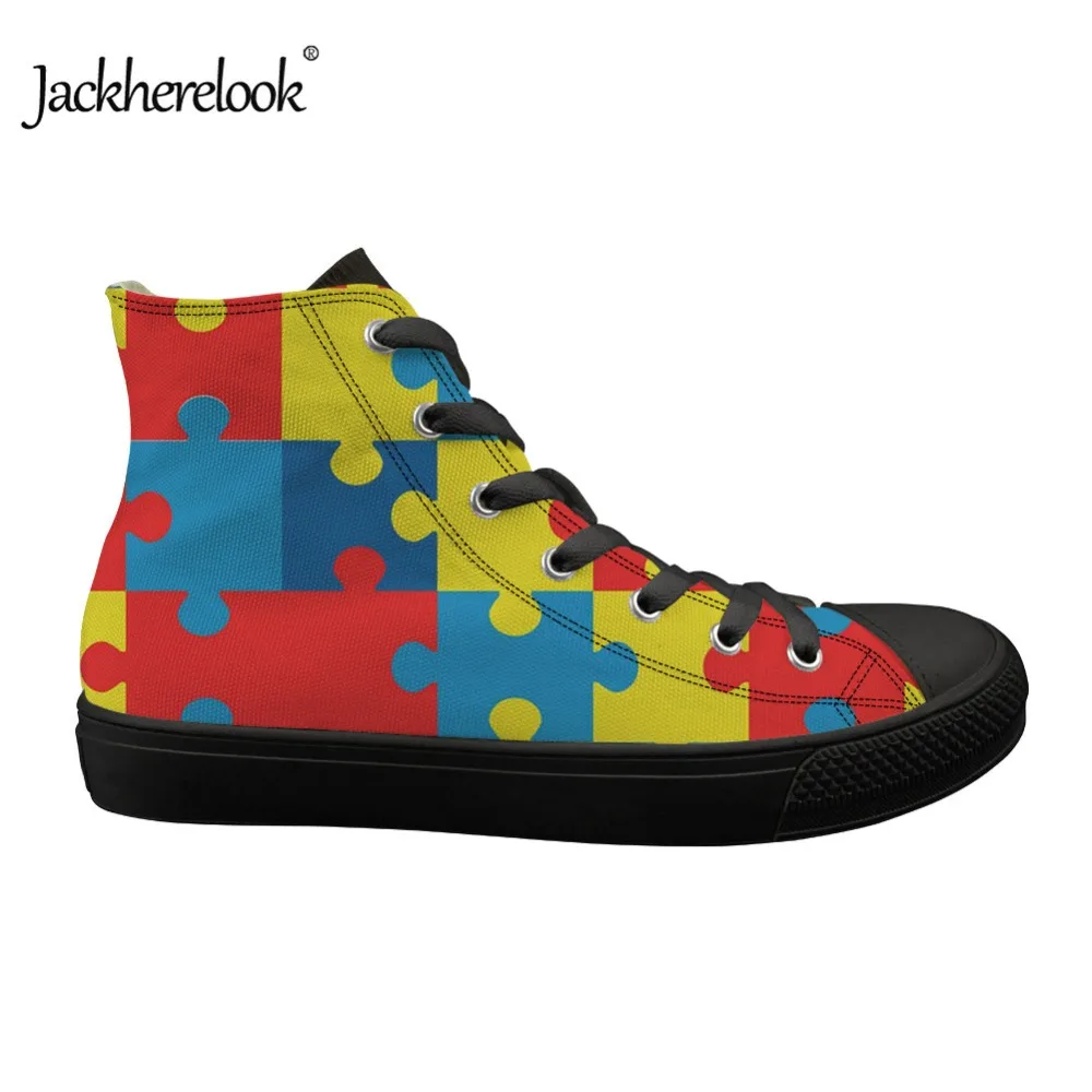 

Jackherelook Puzzle Piece Autism Awareness Sneakers Women Black High Top Casual Vulcanized Shoes Female Canvas Shoes Breathable