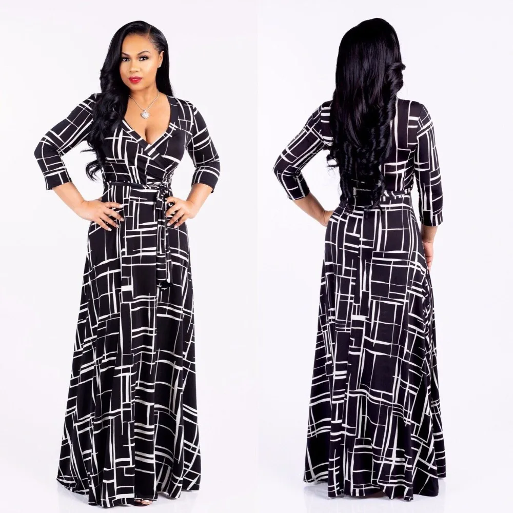 

2018 Plus Size European American bohemian print V-Neck There Quarter sleeve Floor Length Sexy Party Dress size L-5XL