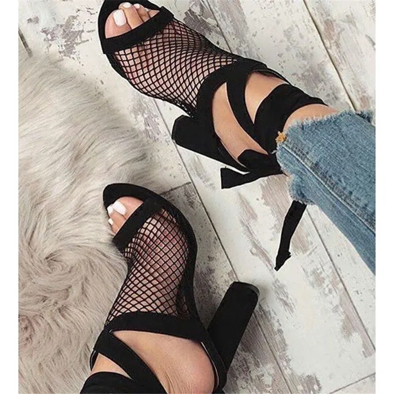 

Women Sandals 2018 Summer Lace Up air Mesh High Heels Party Shoes Cross-tied Ankle Shoes Square Heel Women Sandals