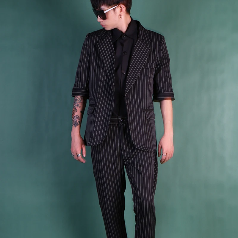 

Men Short Sleeve Business Casual Suits Sets (jacket+pant) Male Streetwear Fashion Hip Hop Slim Fit Blazer Jacket Stage Clothing