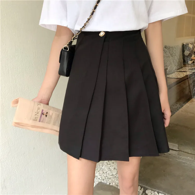 

Pearls Button High Waist Black White Korean Japanese Student College Girl Sexy Mini Pleated Skirt Gothic Lolita Kawaii Fashion