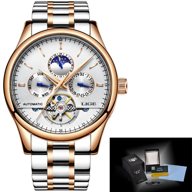 Новые Брендовые мужские часы LIGE, топ класса люкс, автоматические механические часы, мужские часы из нержавеющей стали, деловые часы, мужские часы+ коробка - Цвет: gold White steel