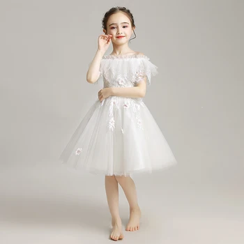 

Sweet Children Lace Off The Shoulder Dress Girls Applique Wedding Pageant Beads First Communion Dresses Zipper Mesh Gown