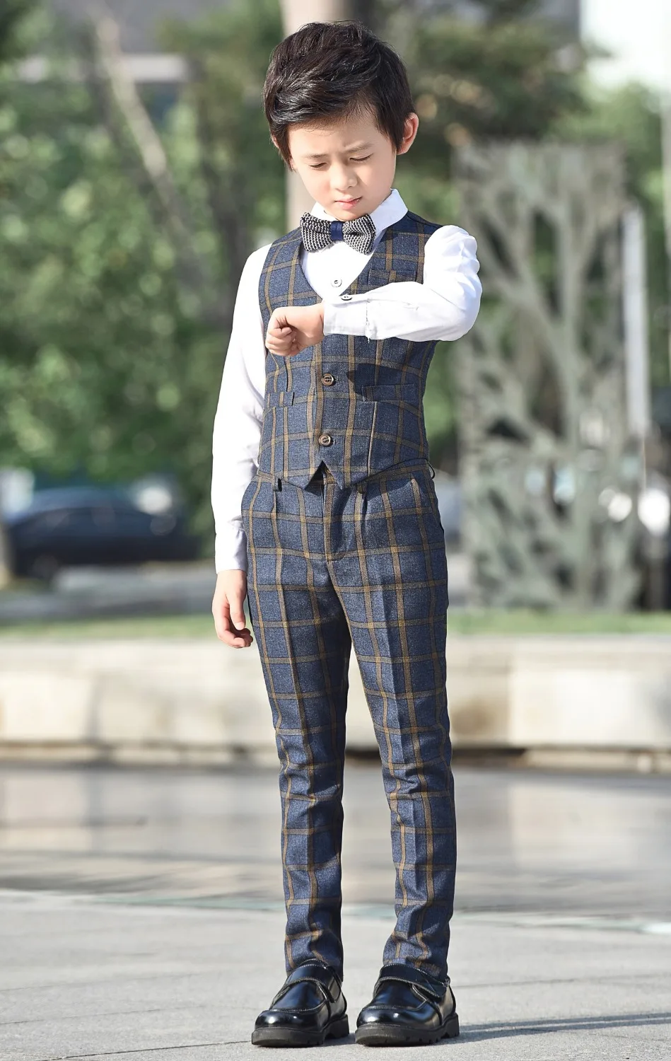5 шт. в клетку для мальчиков костюмы Slim Fit подносителя колец костюм деловой