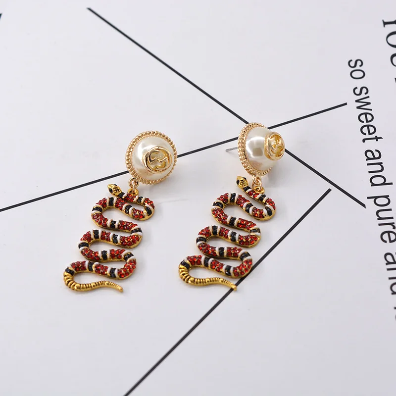 New Fashion Big Pearl Colorful Flower Snake Long Earrings for Women