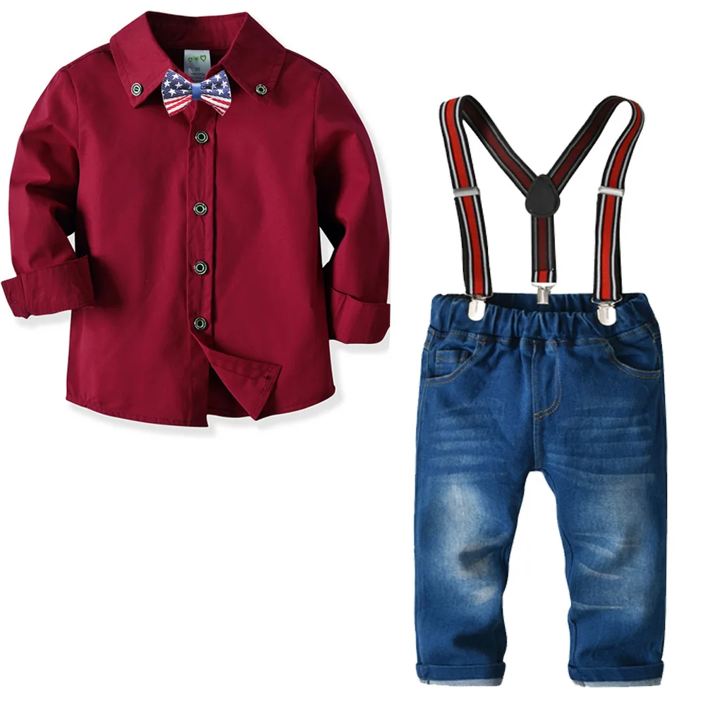 

2019 Autumn Kids Boy Clothes Sets Shirt Jeans Bib Pants 2 PCS Children Clothing Suits Bow Cotton Fashion Baby Boy Outfits