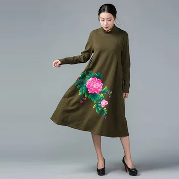 

Autumn Women Cotton long Dress comfortable loose fit national wind hand painted elegant dress turtleneck vestido plus sizeXl-5XL