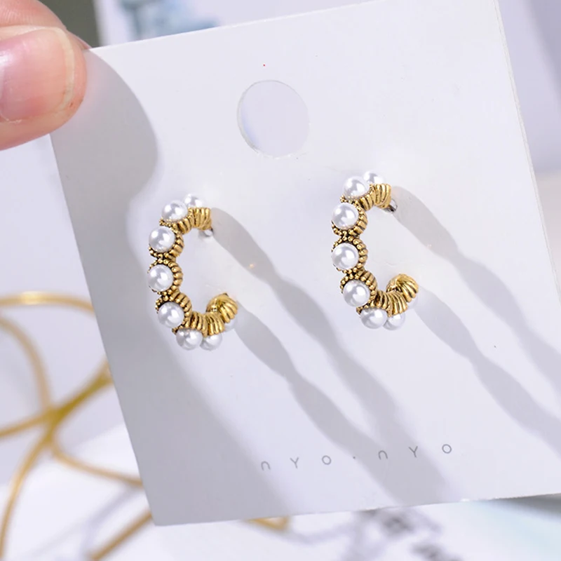

SRCOI Vintage Full Imitation Pearls Colorful Crystal Rhinestone Small Round Circle Hoops Earrings For Women Girl Party Jewelry