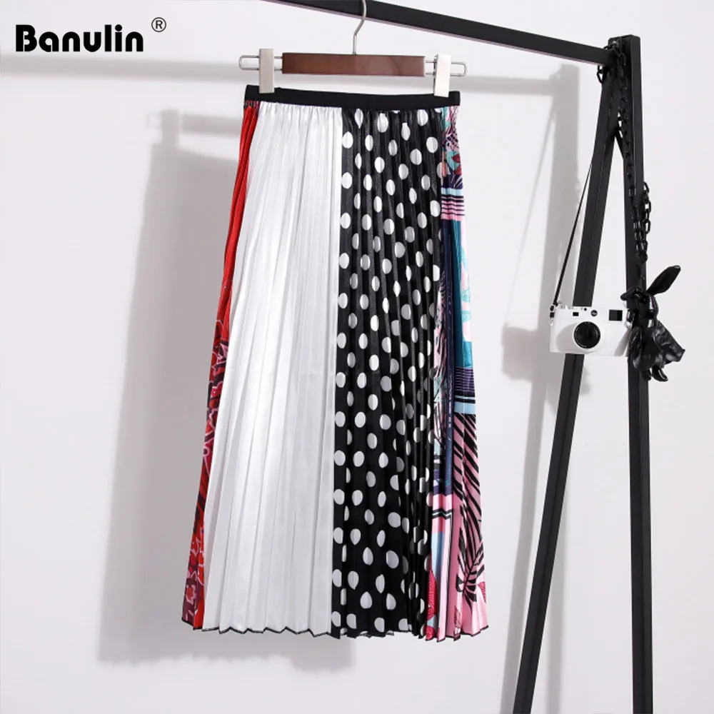 

2019 Summer Fashion Runway Designer High Quality Women's Elegant Dot Pattern Floral Printing Pleated Slim Skirt All-matched Saia