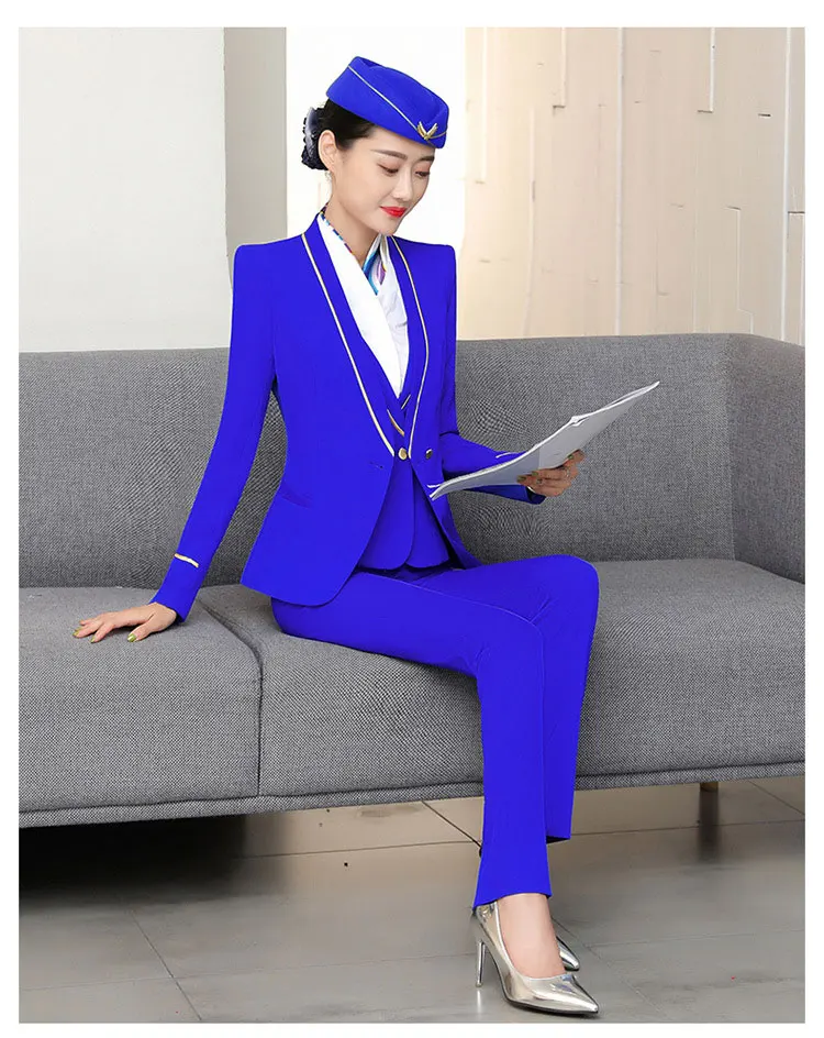blue coat pant IZICFLY новая официальная деловая стюардная одежда для женщин костюмы офисные комплекты с юбкой стюардесса элегантная рабочая одежда большой размер - Цвет: blue coat pant