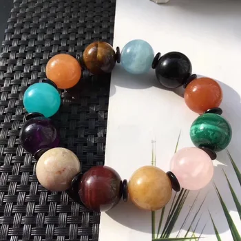 

16mm Natural Rainbow Different Mixed Stone Tiger Eye Malachite Rose Quartz Aquamarine Chalcedony Beads Bracelet Certificate