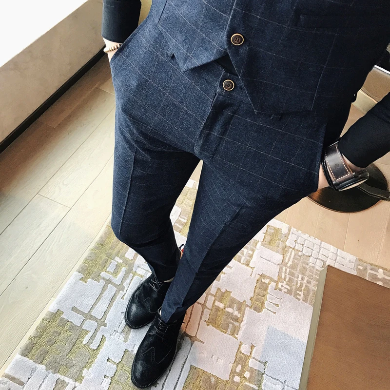( Jacket + Pants ) 2018 Spring and Summer New Men's Wedding Fashion Boutique Grid Business Leisure Suits Male Smart Casual Suits