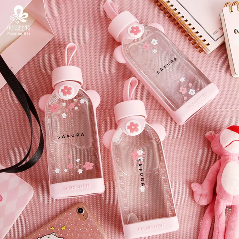 Kawaii Cute Glass Water Bottle Portable Rope Travel Mini Glass Cup Cactus Flamingo Girls School Office Glass Cup