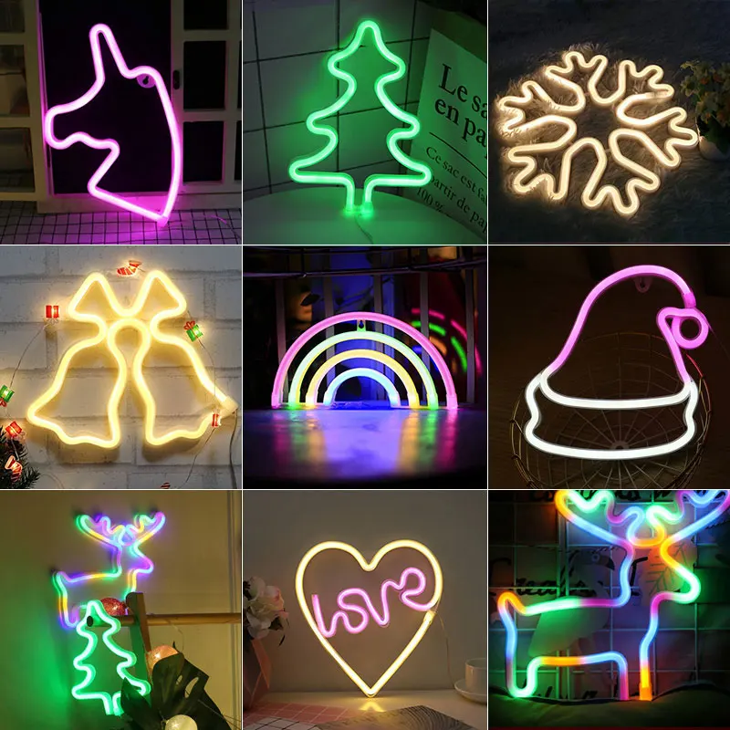 Декоративный неоновый светодиодный ночник, Рождественская елка, лось, снежинка, на батарейках, USB, лампа для рождественской вечеринки, домашний декор