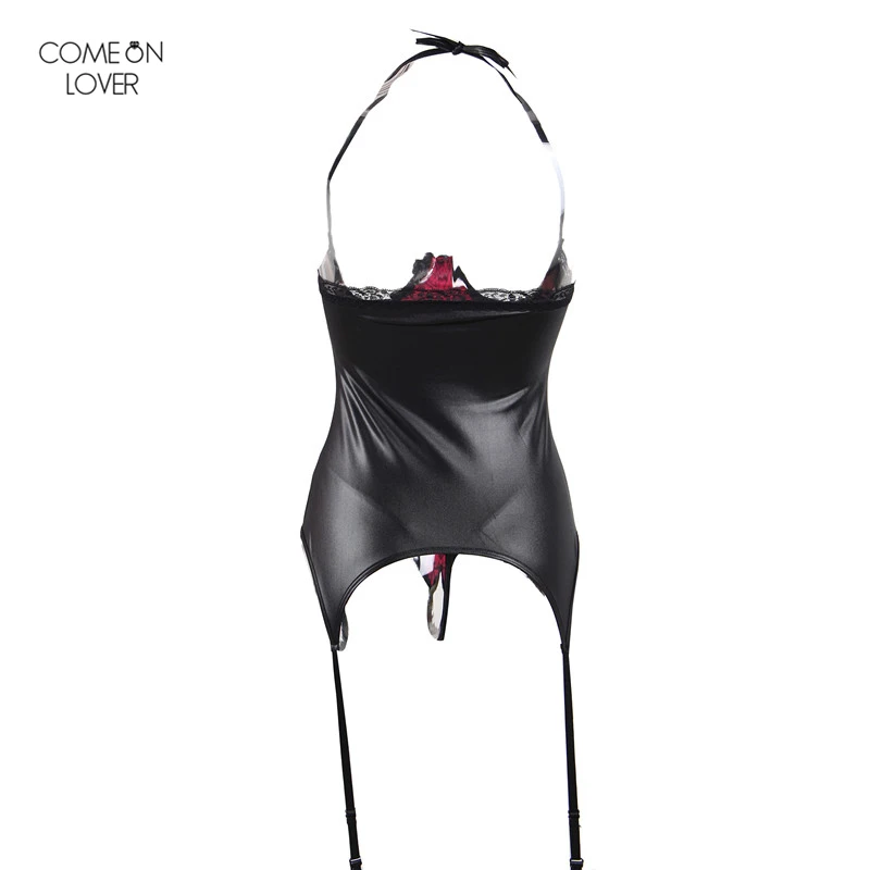 Comeonlover Rosy And Black Leather Halter Open Cup Bustier Plus Size Lingerie Sexy RY70134 2018 Woman Erotic Sexy Lingery