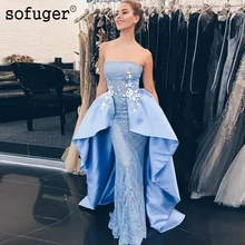 Sofuge небесно-голубое сатиновое вечернее платье со шлейфом на шнуровке сзади с аппликацией Дубай Vestidos Арабский мусульманский для особых случаев размера плюс