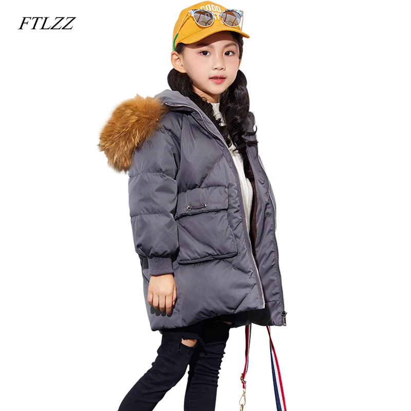 

FTLZZ White Duck Down Girls Coats Real Fur Collar Autumn Winter Jacket Kids Warm Hooded Children Outerwear Boys Girls Clothes