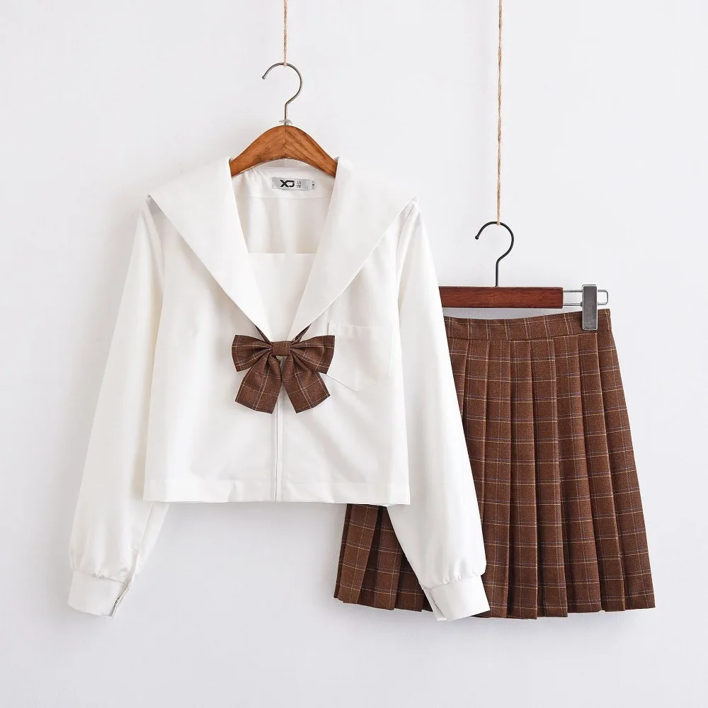 

Long Sleeves Japanese School Uniform Girl Sailor Dress Red/Khaki Plaid Skirt Uniformes Japonais Korean Costumes For Girl
