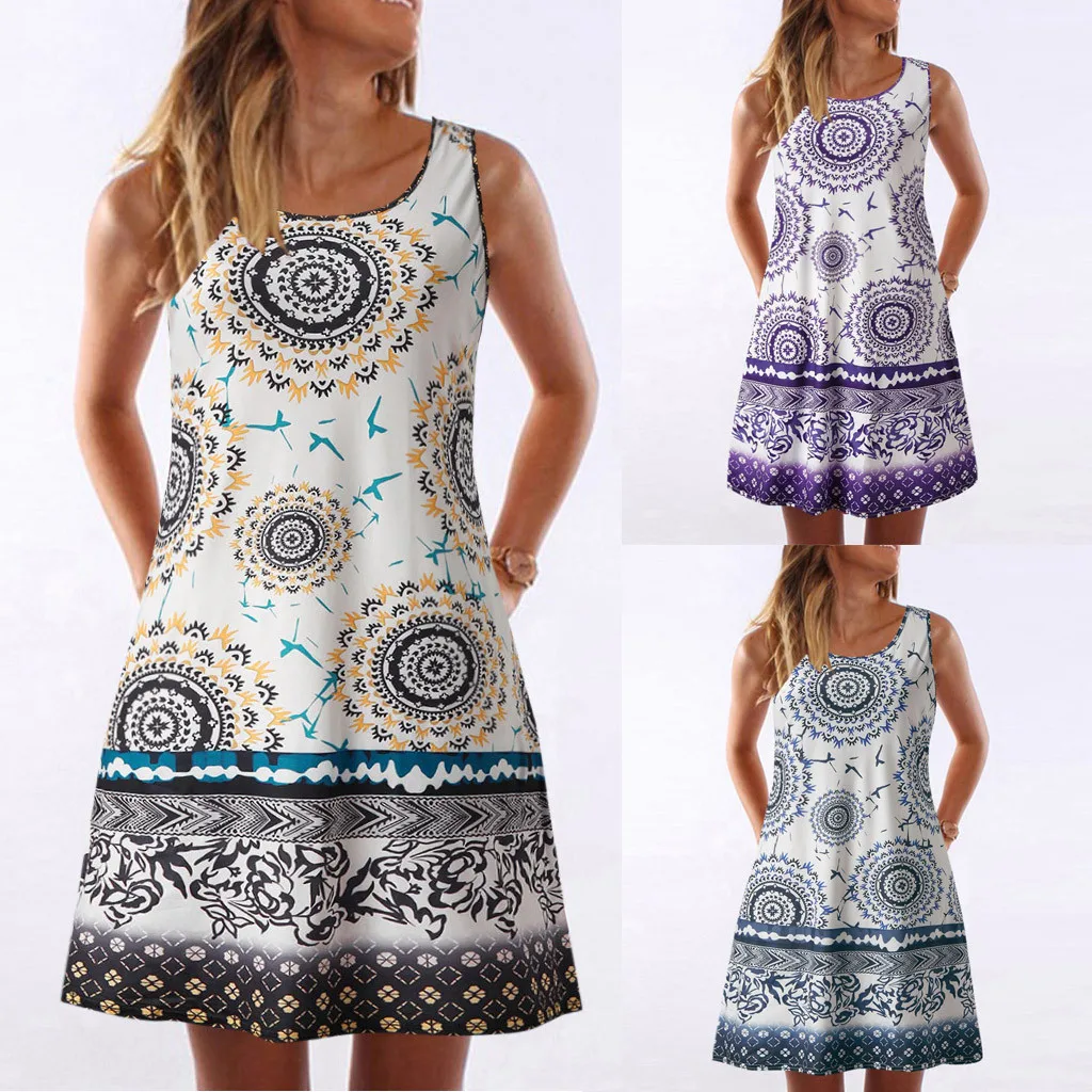 

New Fashion Women Loose Casual O Neck Sleeveless Print Summer Knee-Length Lady Dress Wholesale Free Ship Z4