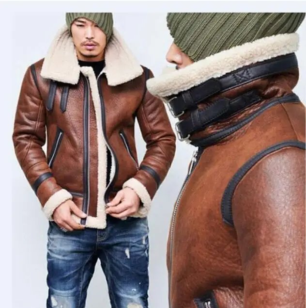 

Free Shipping Mens Brand Autumn Winter Pilot Fur One Piece Thickening Slim Motorcycle Pu Leather Clothing Jacket Plus Size Coat