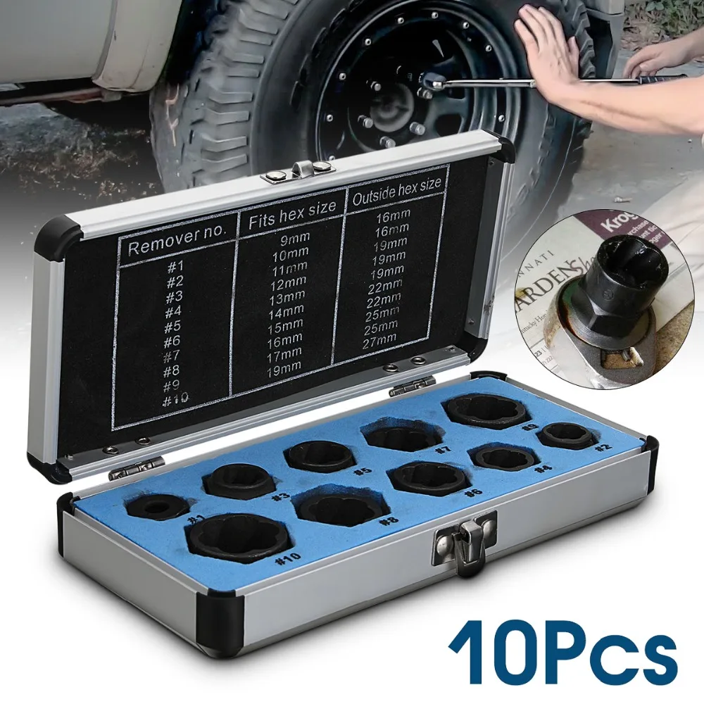 

10Pcs 9/10/11/12/13/14/15/16/17/18/19mm Damaged Bolt Nut Screw Remover Extractor Removal Set Nut Removal Socket Tool Black