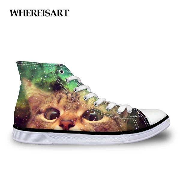

WHEREISART 3D Animal Cat Women Canvas Flat Shoes Women's Vulcanized Shoes Female High Top Lace-up Shoes Zapatos Mujer