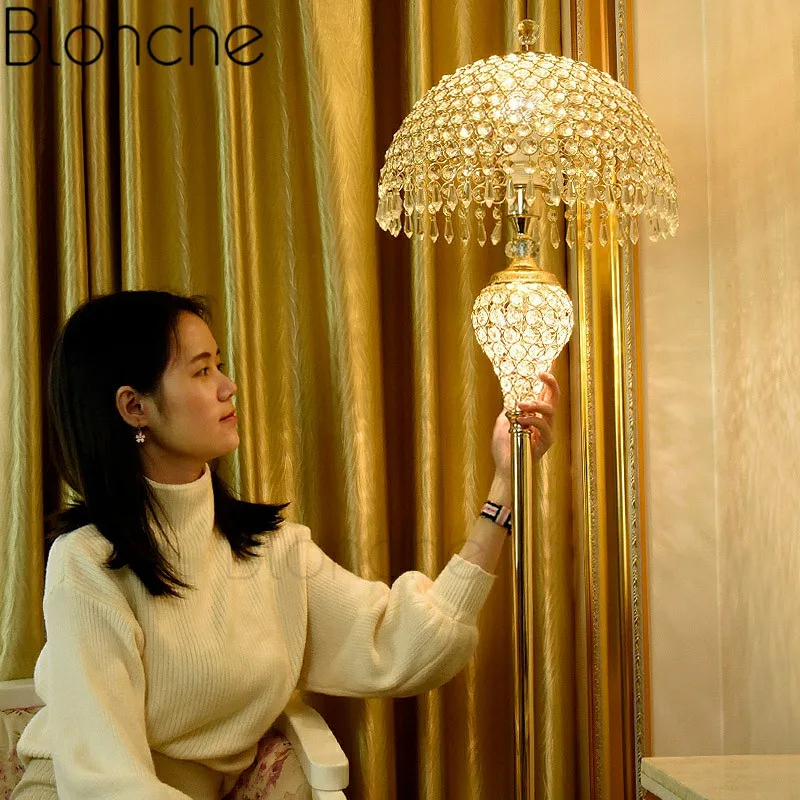 

European Modern Floor Lamp Crystal Vertical Standing Lights for Living Room Bedroom Bedside Study Lighting Home Decor Fixtures