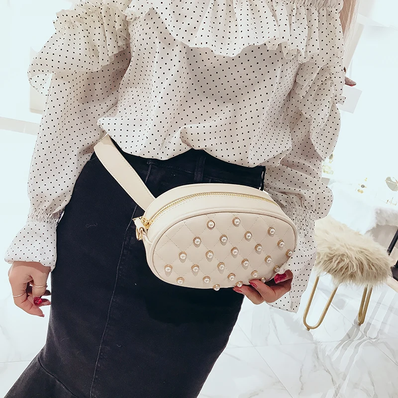 High Quality PU Leather Women Belt Bags 2018 Fashion Pearl Women Waist Packs Famous Brand Ladies Ceossbody Bags Ladies Chest Bag