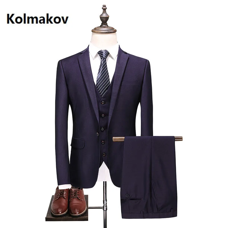 2019 spring High quality wool Slim Fit Men Suits Fashion classics suits Men's business wedding Suit (Jacket+Vest+Pants) | Мужская
