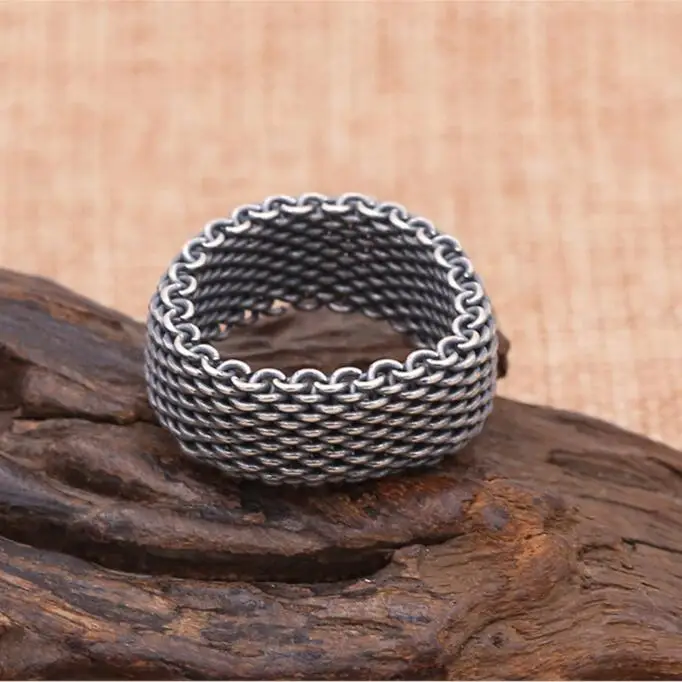 

Antique Silver 925 Weave Links Ring Men 1.0cm Soft Chain Band Pure 925 Sterling Silver Mens Ring Simple Cool Thai Silver Jewelry
