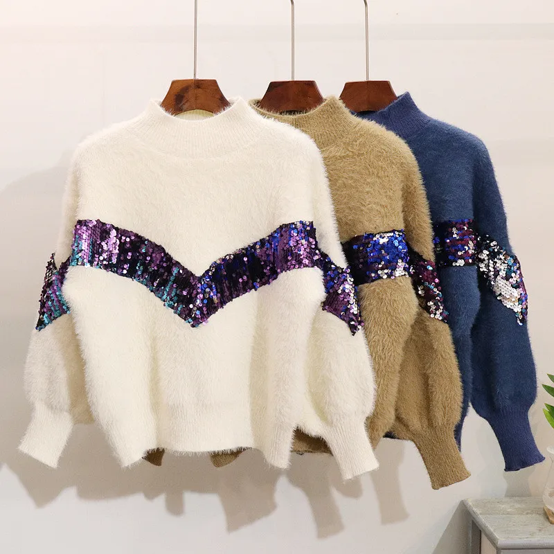 Флис для женщин пуловер 2018 Новинка зимы корейский фонари рукава свободные нижней свитер блёстки одноцветное Цвет Стенд средства ухода за
