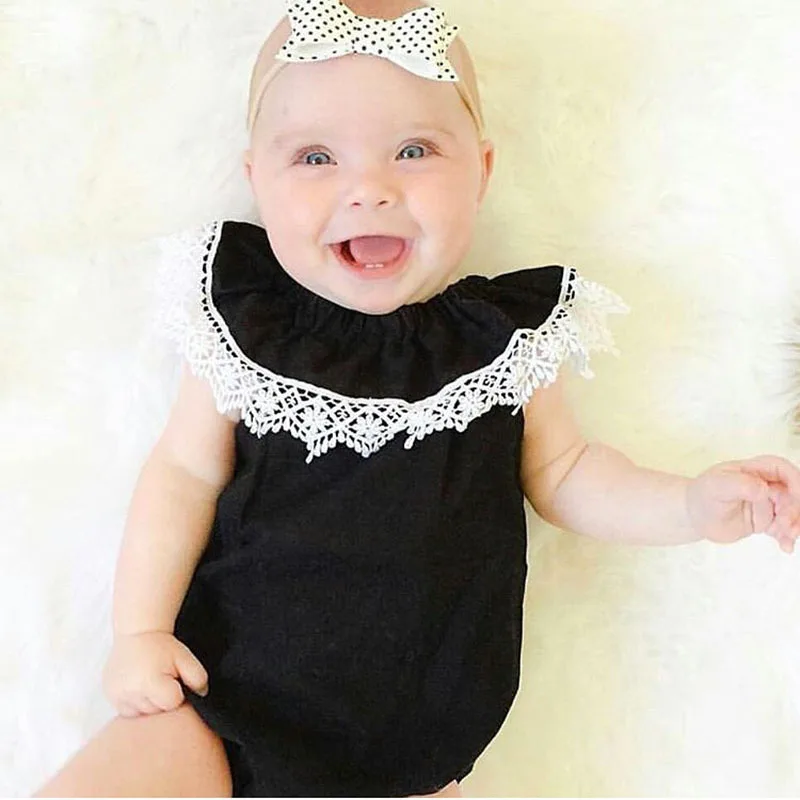 2017 Baby Infant Lace Peter Pan Collar Rompers Fly Sleeves Toddler Girl Black Summer Romper