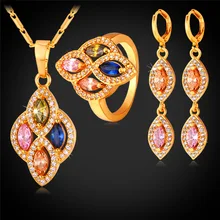 Стильный женский ювелирный набор кулон ожерелье серьги и кольцо набор желтого золота Цвет кубический цирконий для невесты ювелирные изделия PER1133
