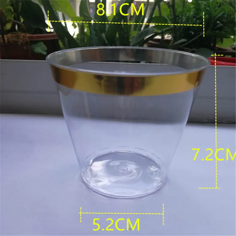 24 шт./лот розовое золото Пластик чашка 270 мл 9 oz Одноразовые премиум-класса из розового золотистого цвета, с ободком, десерт Пластик чашки для свадьбы и праздника стаканы