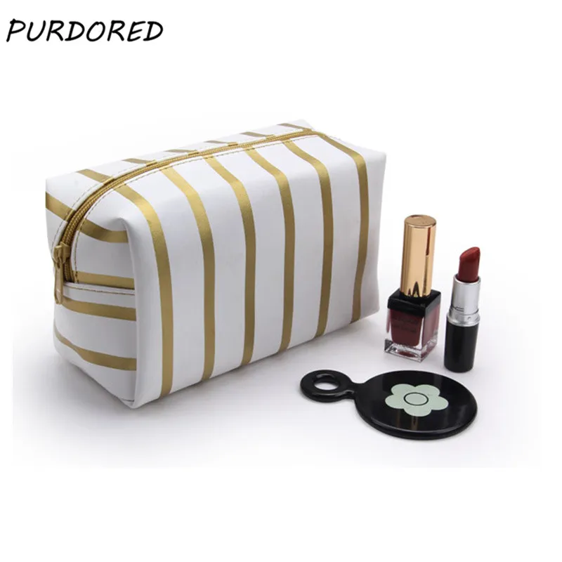 

PURDORED 1 Pc Solid Stripe Cosmetic Bag PU Leather Women Makeup Bag Travel Make Up Organizer Toiletry Bag Student Pencil Bag