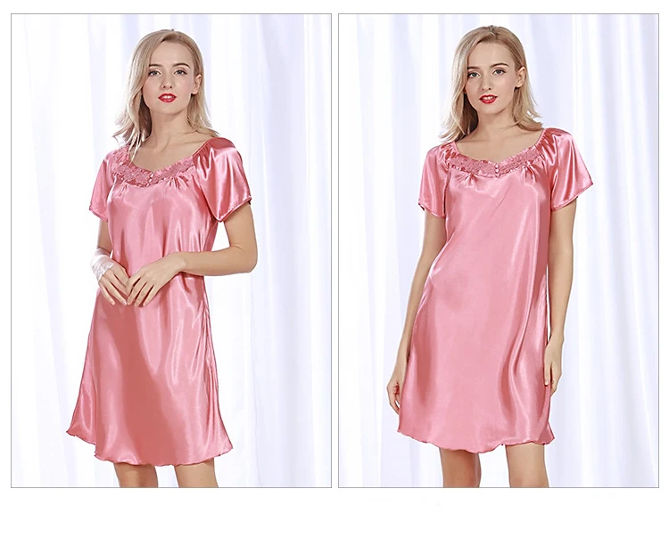 Ssh089 Новинка 2017 года атласные шелковые Для женщин пижамы летом плюс Размеры сна юбка красный розовый хаки сплошной ночная рубашка женская