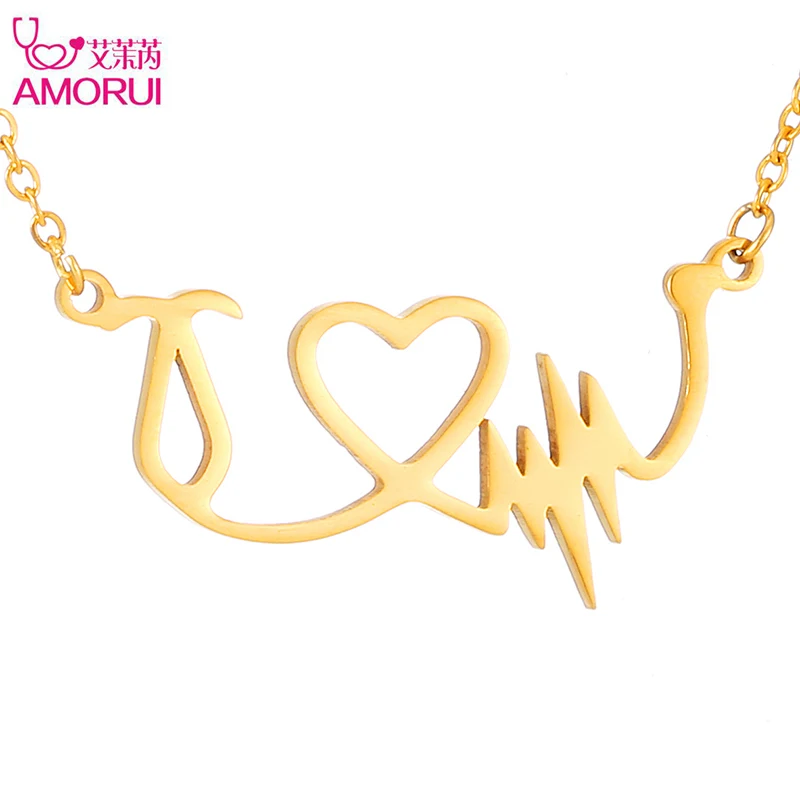 AMORUI Heartbeat Charm Statement Necklace Women Heart Stethoscope Stainless Steel Necklaces Jewelry Bijoux Gift Bague Femme