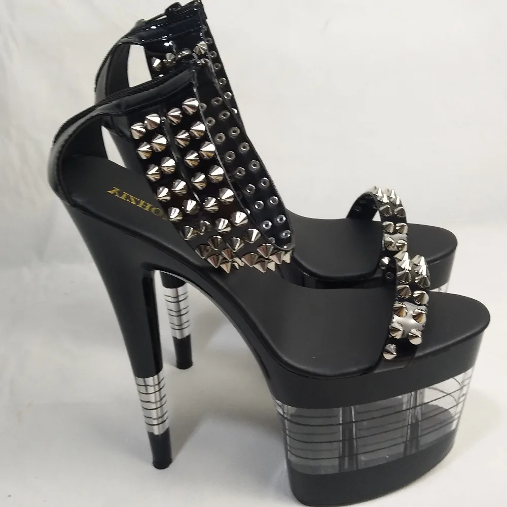 

8-inch 20cm, black lacquered chic wedding heels, riveted sandals striped platform shoes