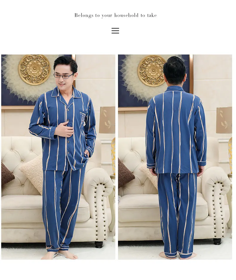 Sleep Suit Men Spring Autumn Cotton High Quality Brand Pajama Set Men Long Sleeve Blue Color Stripe Sleepwear Pajama Male