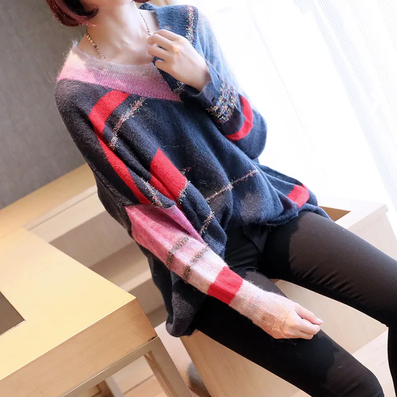 V Neck Loose Sweaters 2018 New Korean Plus Size Patchwork Knitting Pullovers Full Sleeve Casual Shining Knitwear V Neck Loose Sweaters 2018 New Korean Plus Size Patchwork Knitting Pullovers Full Sleeve Casual Shining Knitwear