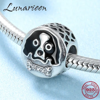 

925 Sterling Silver Lovely Pet dog with Bone European Baby Charms Beads for Jewelry making fit Original Pandora Charm Bracelets