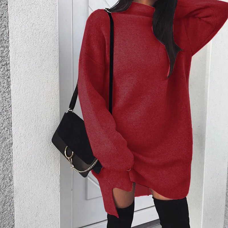 

Winter new women red dress casual large size loose knit high collar split dress fashion long sleeve solid color large size dress