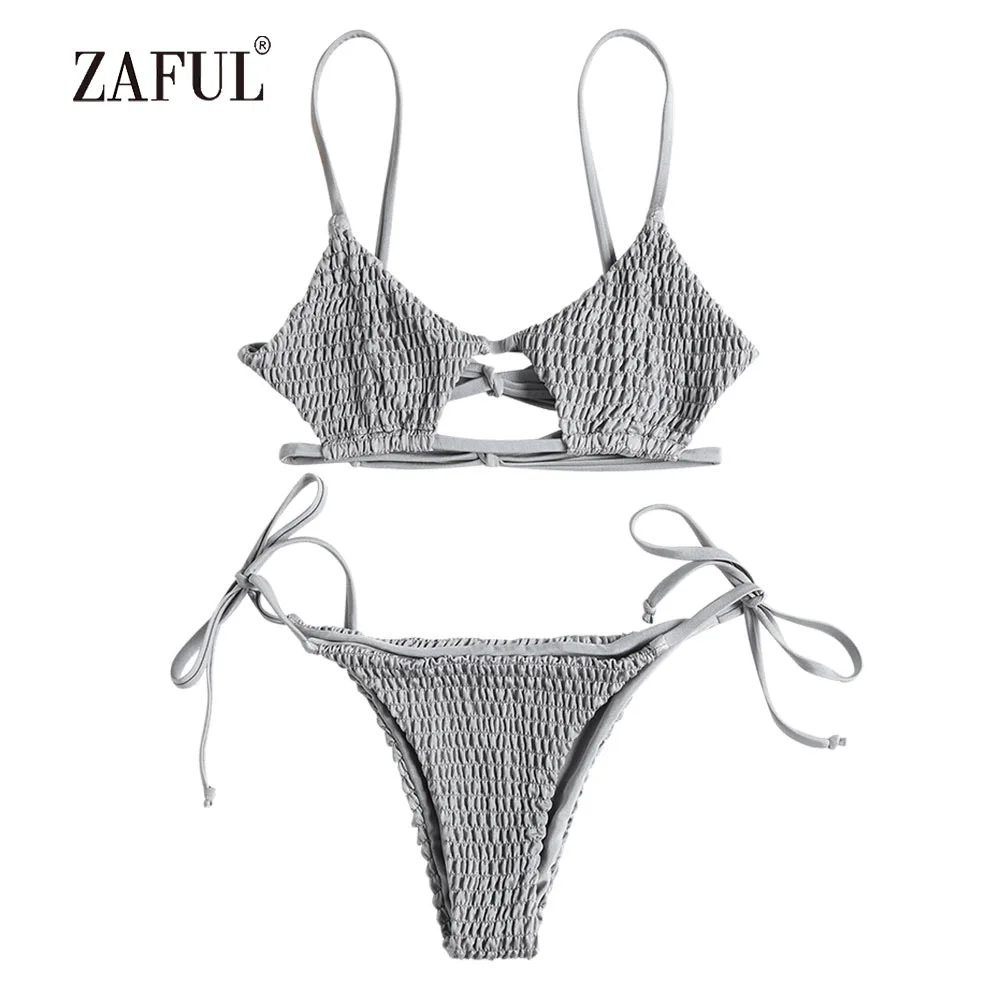 ZAFUL Smocked String Bikini Swimwear Women Bralette Swimsuit Low Waist ...