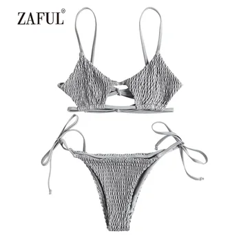 

ZAFUL Smocked String Bikini Swimwear Women Bralette Swimsuit Low Waist Spaghetti Straps Shirred Tie Side Biquni Bathing Suit