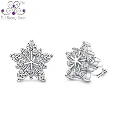 925 стерлингового серебра Вечеринка ювелирные снежинки белый кристалл кубического циркония Серьги-гвоздики для женщин