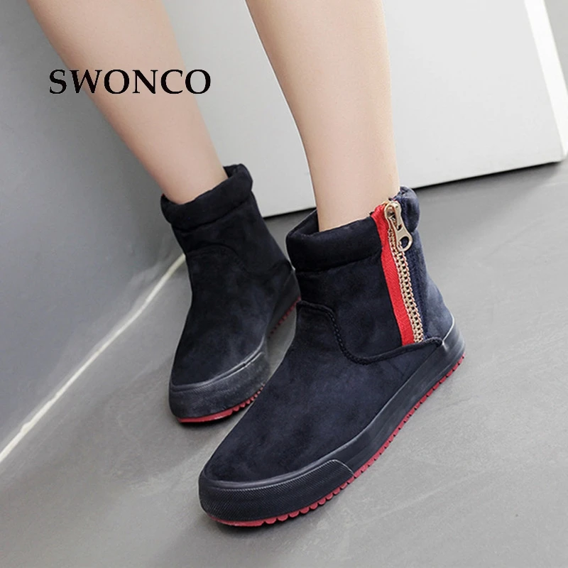 

SWONCO Women's Ankle Boots 2018 Women Winter Boot Side Zipper Short Plush Snow Boot Leather Boots Woman Flat Heel Shoes Size 40