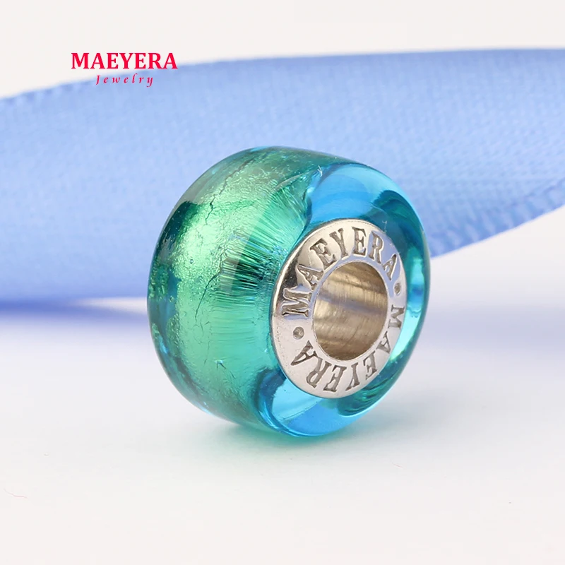 MAEYERA подлинные 925 пробы серебряные бусины лэмпворк Голубое озеро Золотая фольга бусины из муранского стекла Подходит для европейских браслетов 920290