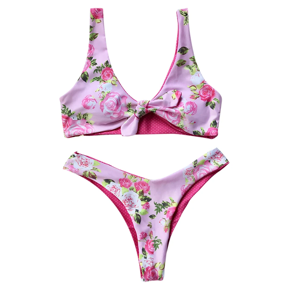 

Front knot Swimwear Reversible Sexy Thong Bikini Set Print Beach Swimwear Women Floral Polyester Front Knot Bikini For Woman