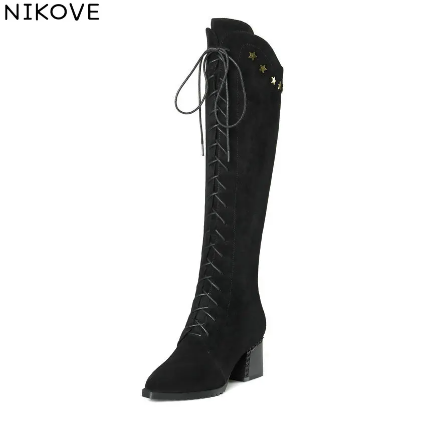 NIKOVE 2019 Women Boots Zipper Pointed Toe Square High Heels Women Shoes Knee-high Boots PU Autumn Shoes Ladies Boots Size 34-42