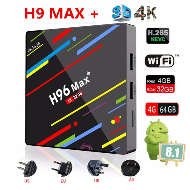 AKASO Rockchip RK3328 H96 MAX плюс ТВ Android 8,1 Smart ТВ коробка 4 ГБ 32 ГБ 64 ГБ USB3.0 H.265 4 К MAX Set Top Boxe MediaPlayer